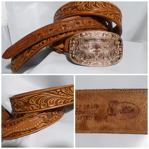 Vtg JUSTIN Tooled Leather Belt 48 w Buckle Top Grade Cowhide Western Cowboy USA